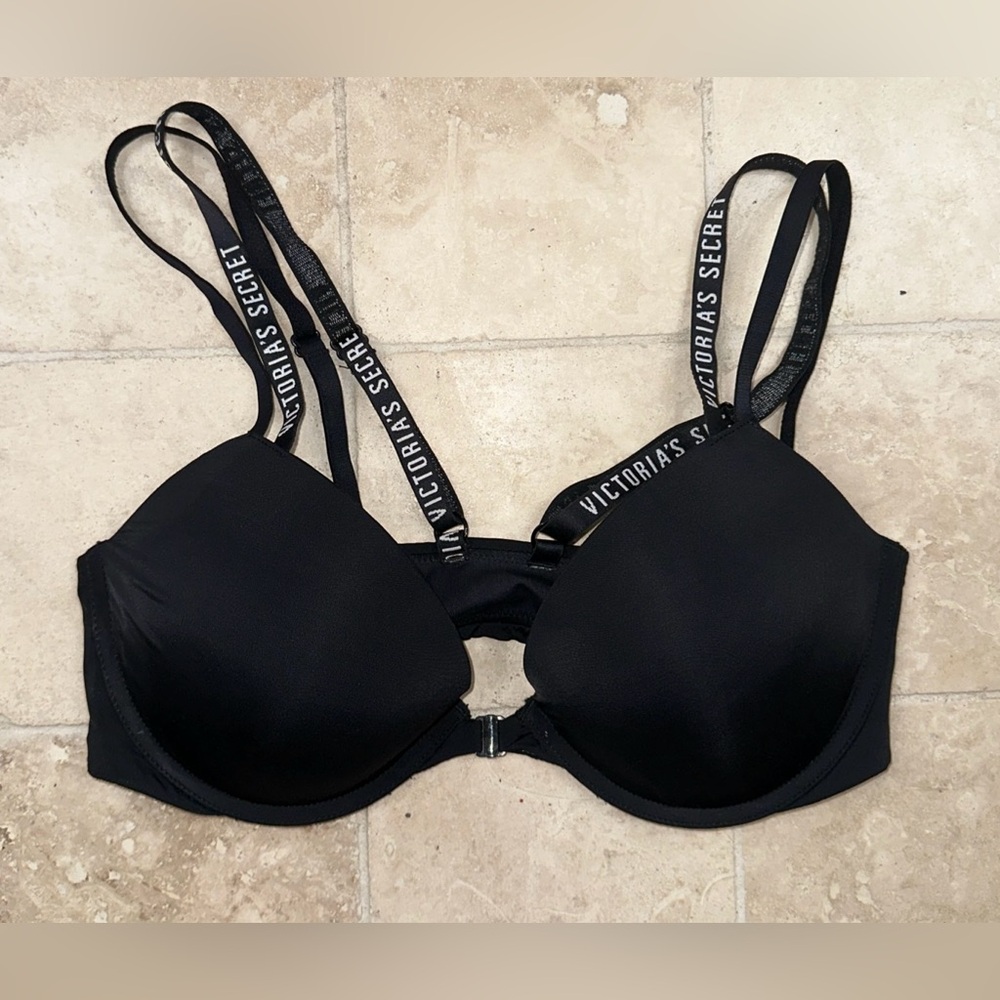 Victoria's Secret Black Double Logo Strap 34D T-Shirt Lightly Lined Demi Bra VS